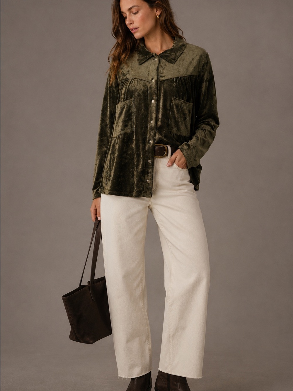 NWOT BUCKETLIST Olive Velour Button Front Shirt Small USA Pocket Overshirt Shack